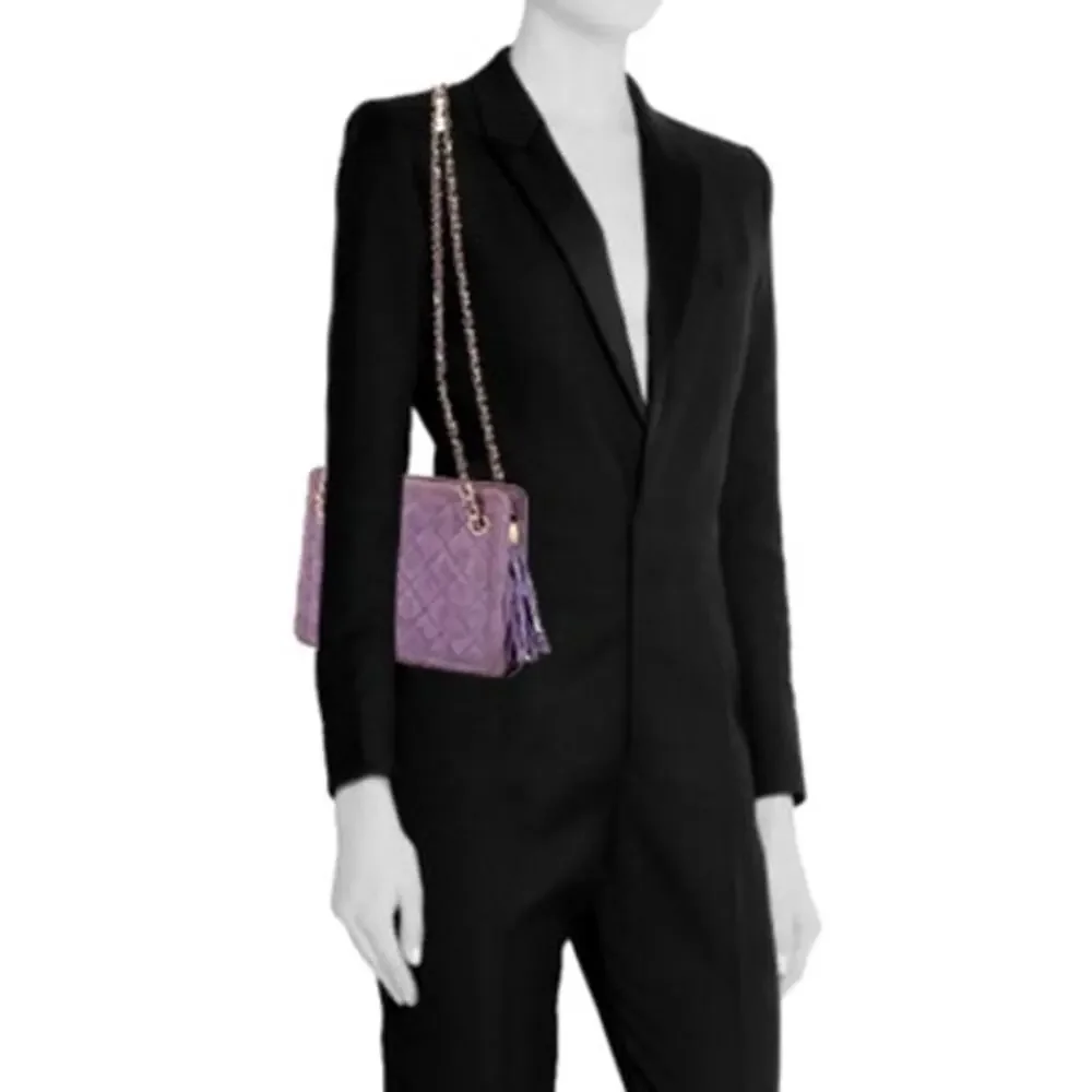 CHANEL Vintage Purple Quilted Suede Chain Link Shoulder Bag CC Logo Tassel Charm - Picture 4 of 16